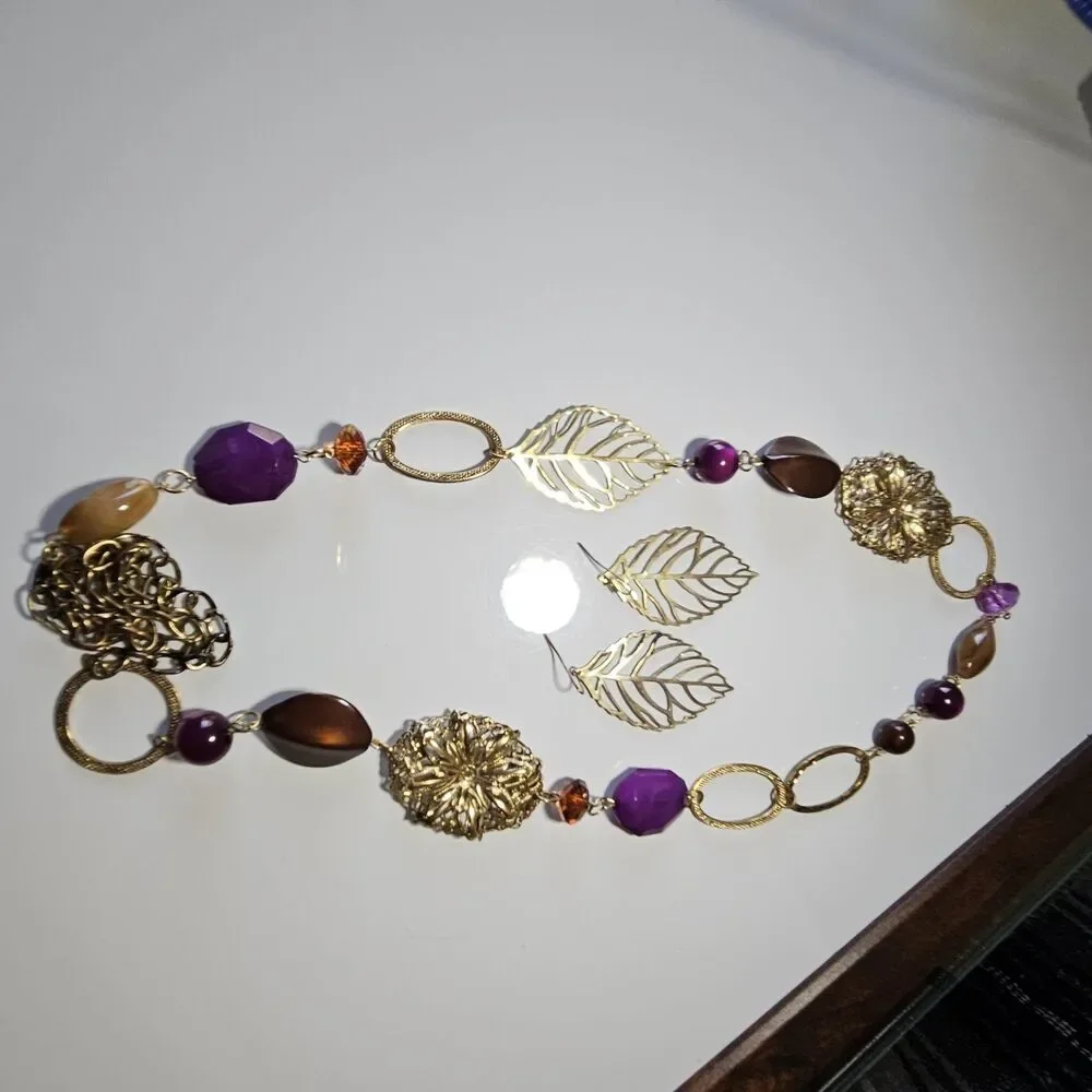 Gold Tone Autumn Colors Chunky Necklace & Leaf Earrings 42